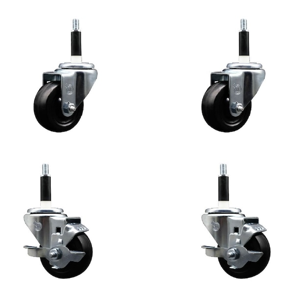 3'' Hard Rubber Wheel Swivel 7/8'' Expand Stem Caster Set 2 Brakes, 4PK